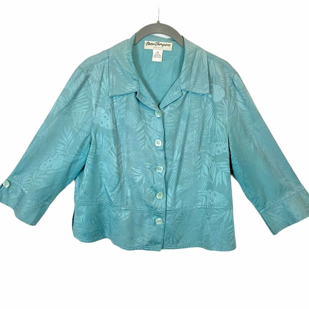 Norm Thompson Silk Shirt Jacket Women's Blue Floral 90s Elbow Sleeve Size PS